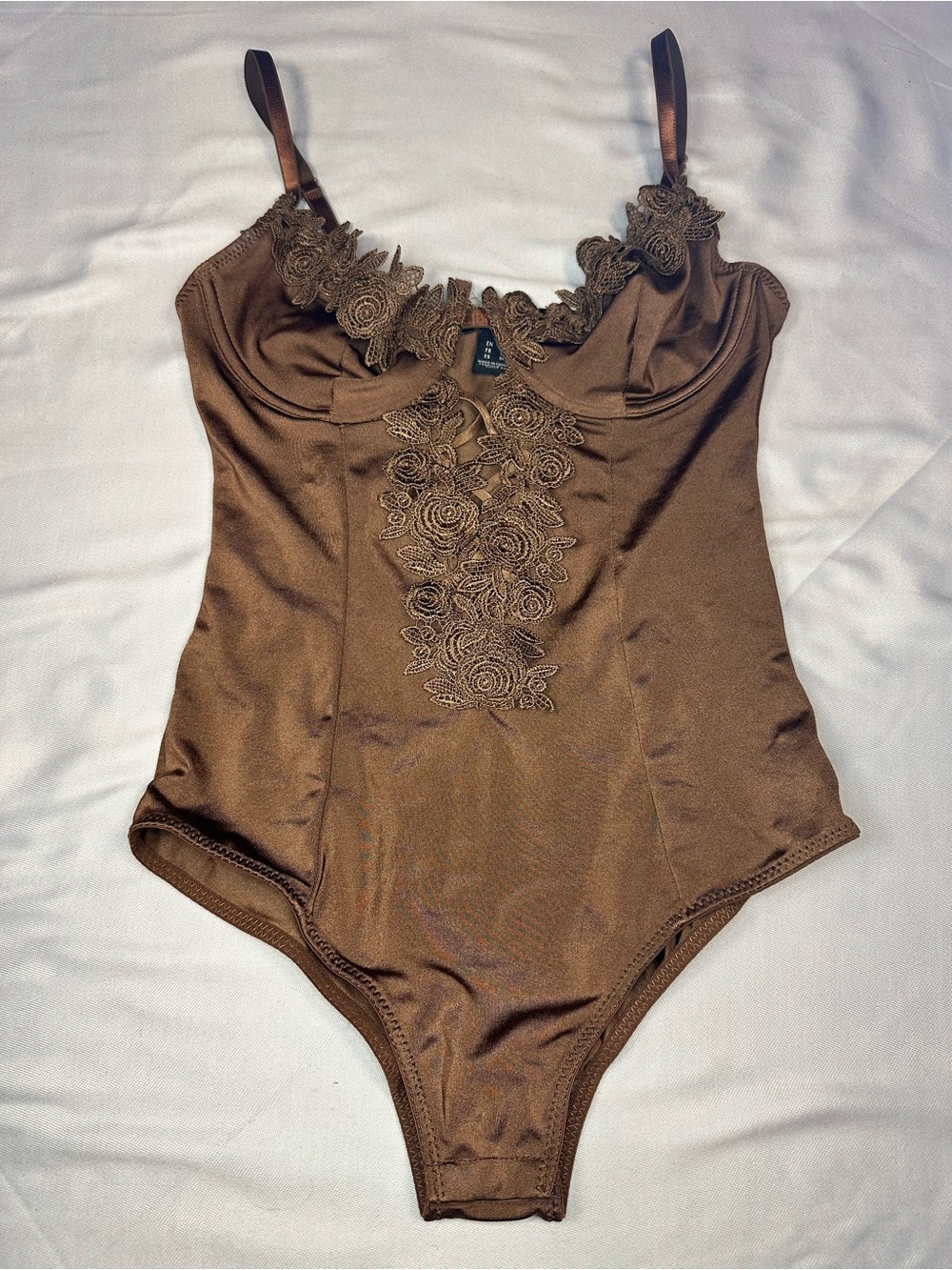 Charlotte Russe Brown Satin‎ Lace-Trim Bodysuit